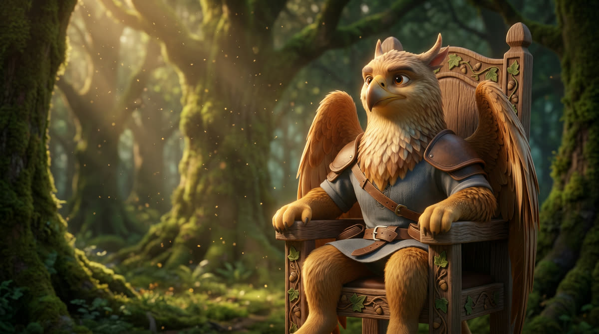 Griff the gryphon, seated in a carved wooden chair in a sunlit forest grove